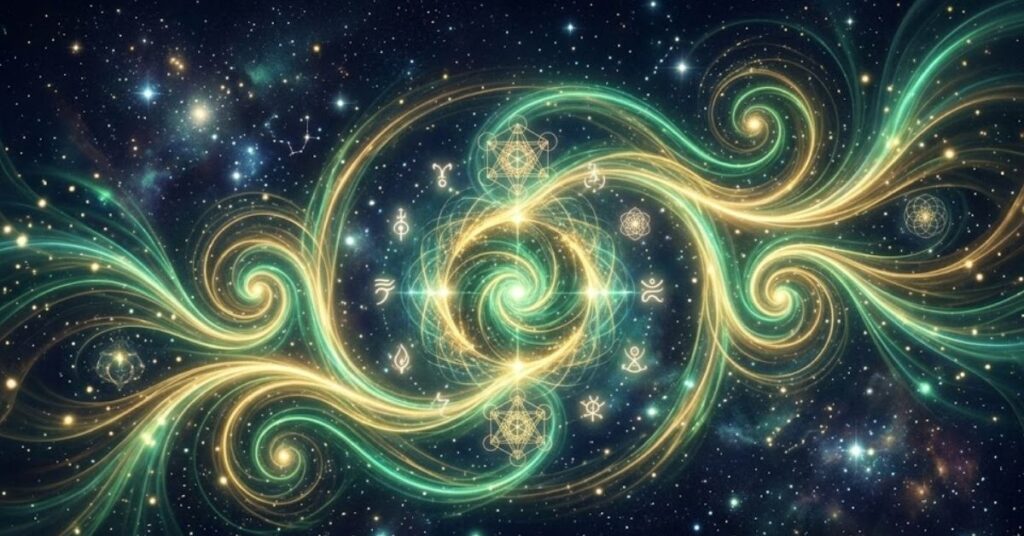 Cosmic spiritual artwork with golden abundance energy, sacred geometry and Galactic light frequencies symbolizing financial manifestation and energetic alignment.
