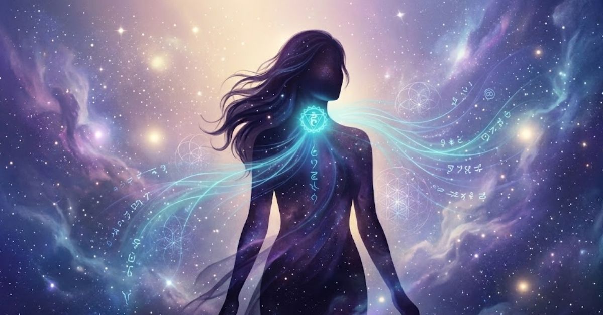 Mystical cosmic artwork of a feminine silhouette with glowing throat chakra energy, Light Language symbols and celestial frequencies representing spiritual self-expression and voice activation.