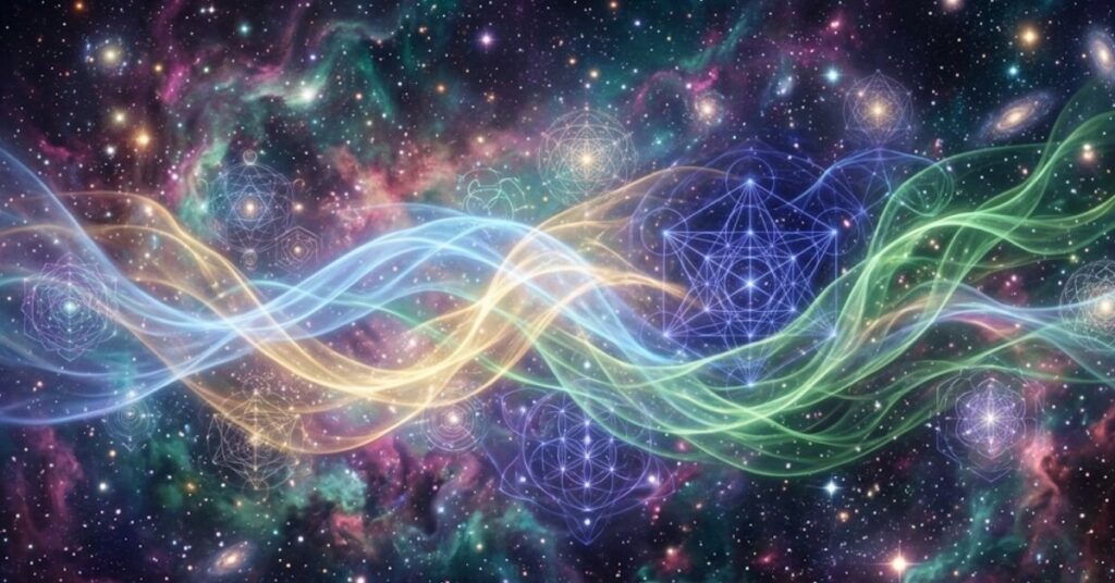 Mystical cosmic artwork inspired by Starseed lineages, Galactic frequencies and spiritual gifts with celestial light, sacred geometry and ethereal energy fields.